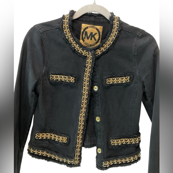 Michael Kors Women’s 0 Black Cropped Denim Jacket Gold Chain Trim Runway Chic - Picture 4 of 8